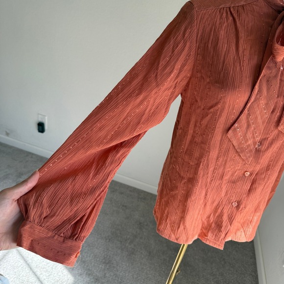 Vintage Sears Rust Bow Tie Blouse Women's Long Sleeve Metallic Striped Top - Picture 5 of 10